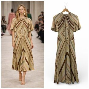 Valentino Silk Printed Midi Dress Green Tan Peach Brown Boho Stripe IT38 US2 NWT